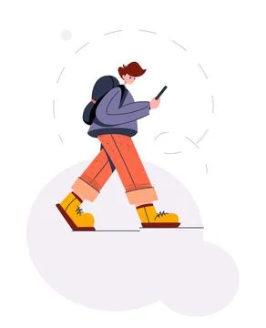 Young man walking with phone. Vector illustration Illustrazione stock