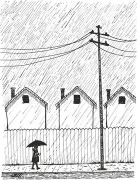 Young man walking in rain under umbrella. Hand drawn illustration, vector ske Stock Illustration