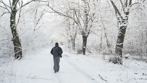 A young man is walking on a road in a winter forest. Video stock 85519489