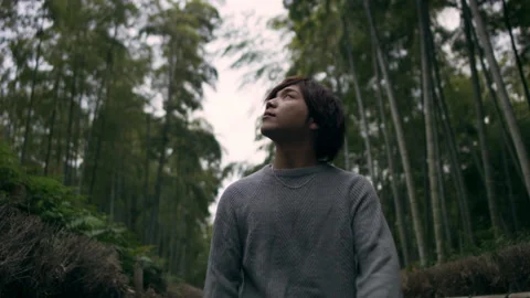 Young man walking through a nature pathway in a bamboo forest in Kyoto, Japan wi Stock Footage 199460768