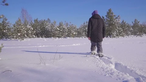 A young man is walking in a winter forest sunny day Video stock 97812779