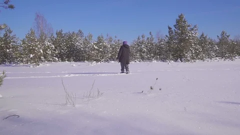 A young man is walking in a winter forest sunny day 스톡 동영상 111910528