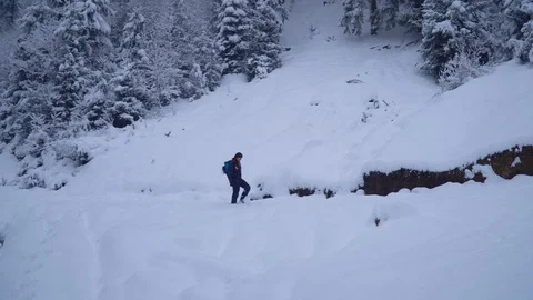 A young man walks alone through a snowy forest. Young pretty tourist sneaks Stock Footage 99967463