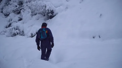 A young man walks alone through a snowy forest. Young pretty tourist sneaks Stock Footage 99979806