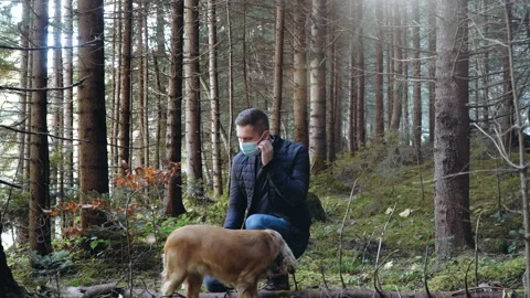 Young man walks with a dog Cocker Spaniel in the woods forest. Stock Footage 195448063