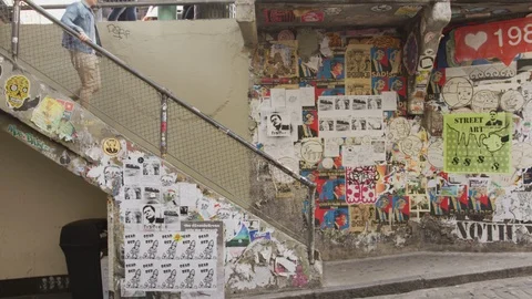 Young Man Walks Down Stair in City // Pikes Place, Seattle, WA Stock Footage 88628341