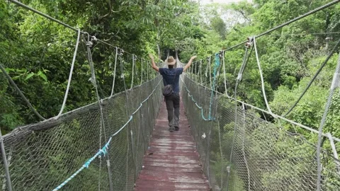 Young man walks freely on a Tibetan bridge in the heart of the forest: summer Stock Footage