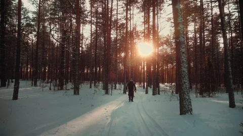 Young man in warm winter clothes walks through winter snow forest Stock Footage 123073235