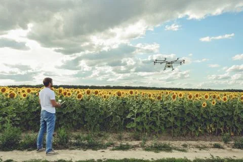 Young man watching and navigating a flying drone in blue clear sky Stock Photos