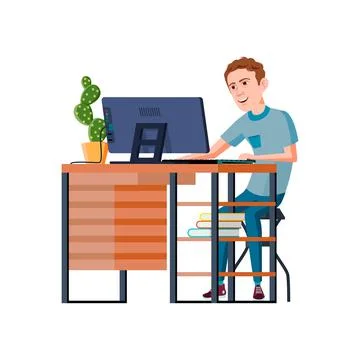 Young man watching educational webinar on computer cartoon vector Illustrazione stock