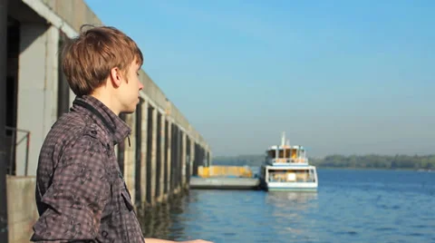 Young Man Watching On River Stock Footage 39144485