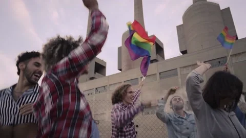 Young man waving a rainbow flag in a gay parade. Group of people participating Stock Footage 204103811