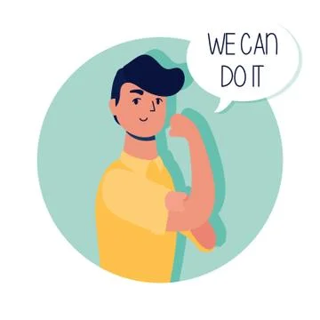 Young man with We can do it message in speech bubble Ilustración de archivo