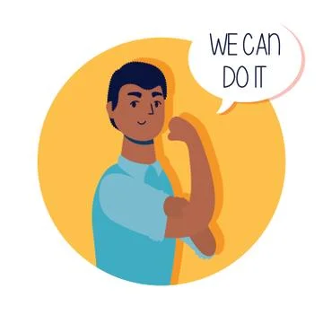 Young man with We can do it message in speech bubble Ilustración de archivo