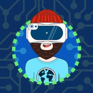 Young Man Wearing 3d Virtual Reality Glasses Profile Icon Hipster Avatar Stock Illustration