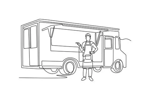 Young man wearing apron standing in front of mobile food truck Stock Illustration