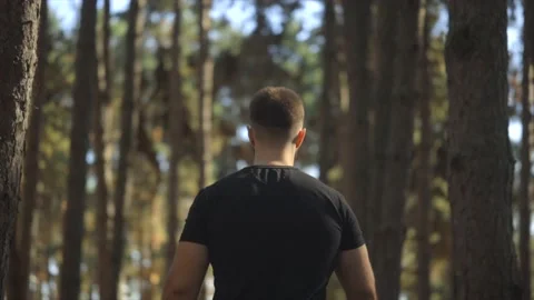 Young man wearing a black t-shirt, walking through the forest back view Stock Footage 161472053