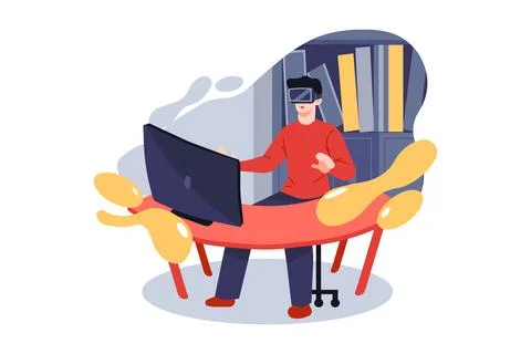 Young man wearing virtual reality headset and gesturing while sitting at his  Stockillustratie