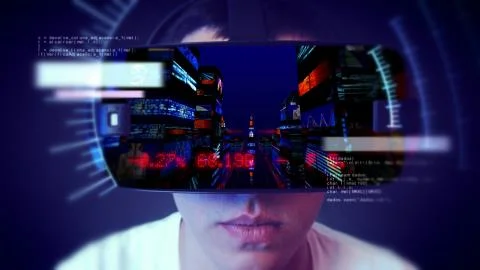 Young man wearing VR headset and watching business related graphics. Stockillustratie