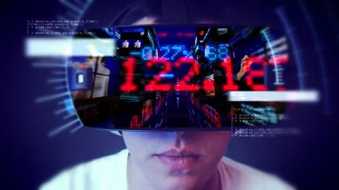 Young man wearing VR headset and watching business related graphics. Stock Illustration