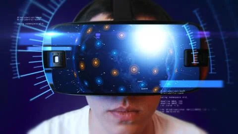 Young man wearing VR headset and experiencing virtual reality. 3D Rendering. Stockillustratie