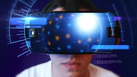Young man wearing VR headset and experiencing virtual reality. 3D Rendering. Stockillustratie