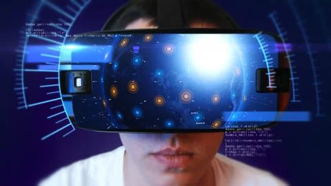 Young man wearing VR headset and experiencing virtual reality. 3D Rendering. Stock Illustration