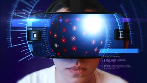 Young man wearing VR headset and experiencing virtual reality. 3D Rendering. Stock Illustration