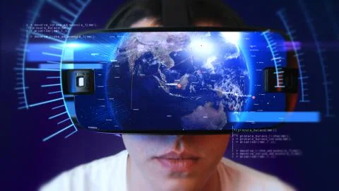 Young man wearing VR headset and experiencing virtual reality. 3D Rendering. Stock-Illustration