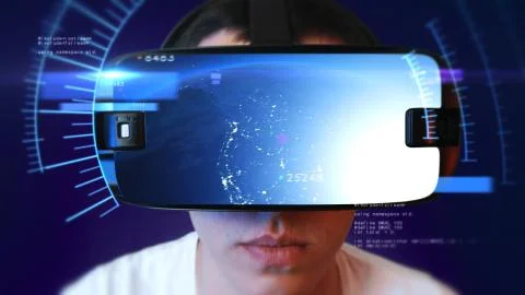 Young man wearing VR headset and experiencing virtual reality. 3D Rendering. Stock Illustration