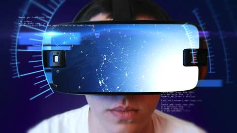 Young man wearing VR headset and experiencing virtual reality. 3D Rendering. Illustrazione stock
