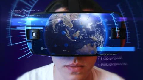 Young man wearing VR headset and experiencing virtual reality. 3D Rendering. Stock-Illustration