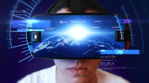 Young man wearing VR headset and experiencing virtual reality. 3D Rendering. Stock Illustration