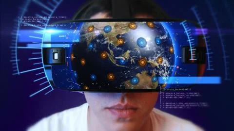 Young man wearing VR headset and experiencing virtual reality. 3D Rendering. Stockillustratie