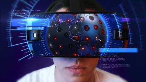 Young man wearing VR headset and experiencing virtual reality. 3D Rendering. Stockillustratie
