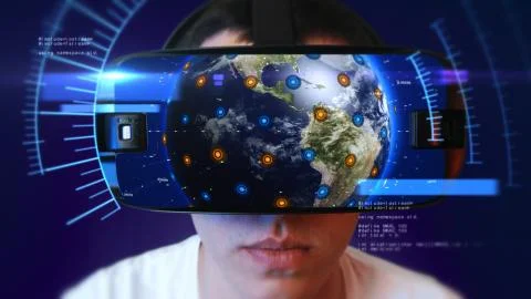 Young man wearing VR headset and experiencing virtual reality. 3D Rendering. Stock Illustration