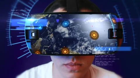 Young man wearing VR headset and experiencing virtual reality. 3D Rendering. Stockillustratie