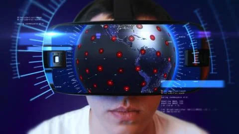 Young man wearing VR headset and experiencing virtual reality. 3D Rendering. Stock-Illustration