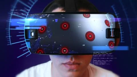 Young man wearing VR headset and experiencing virtual reality. 3D Rendering. Stock Illustration