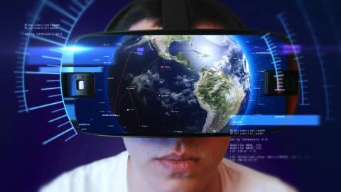 Young man wearing VR headset and experiencing virtual reality. 3D Rendering. 스톡 일러스트