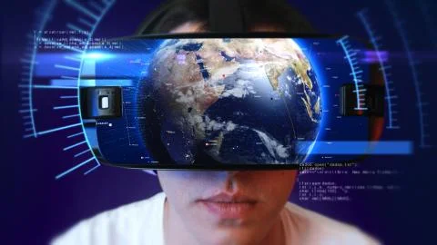 Young man wearing VR headset and experiencing virtual reality. 3D Rendering. Stockillustratie