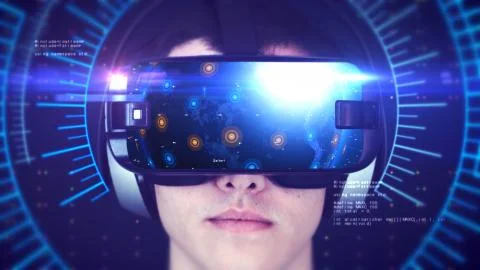 Young man wearing VR headset and experiencing 3D virtual reality. 3D Rendering. Stock-Illustration