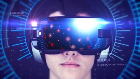 Young man wearing VR headset and experiencing 3D virtual reality. 3D Rendering. Stock-Illustration