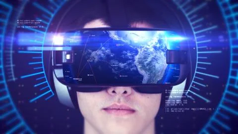 Young man wearing VR headset and experiencing 3D virtual reality. 3D Rendering. Stock-Illustration