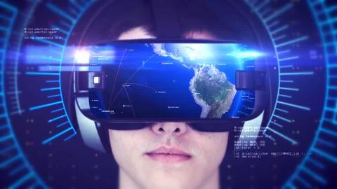 Young man wearing VR headset and experiencing 3D virtual reality. 3D Rendering. Stock-Illustration