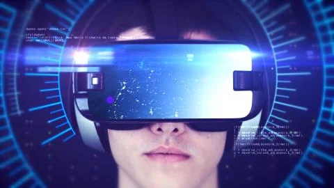 Young man wearing VR headset and experiencing 3D virtual reality. 3D Rendering. Stockillustratie