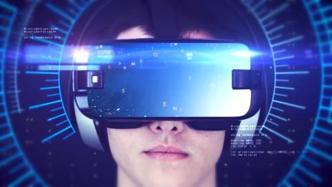 Young man wearing VR headset and experiencing 3D virtual reality. 3D Rendering. Stock-Illustration