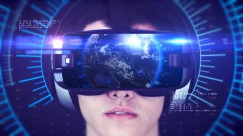 Young man wearing VR headset and experiencing 3D virtual reality. 3D Rendering. Stock-Illustration