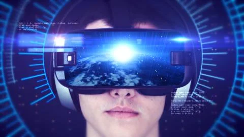 Young man wearing VR headset and experiencing 3D virtual reality. 3D Rendering. Stock Illustration