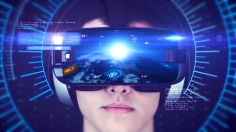 Young man wearing VR headset and experiencing 3D virtual reality. 3D Rendering. Stock-Illustration